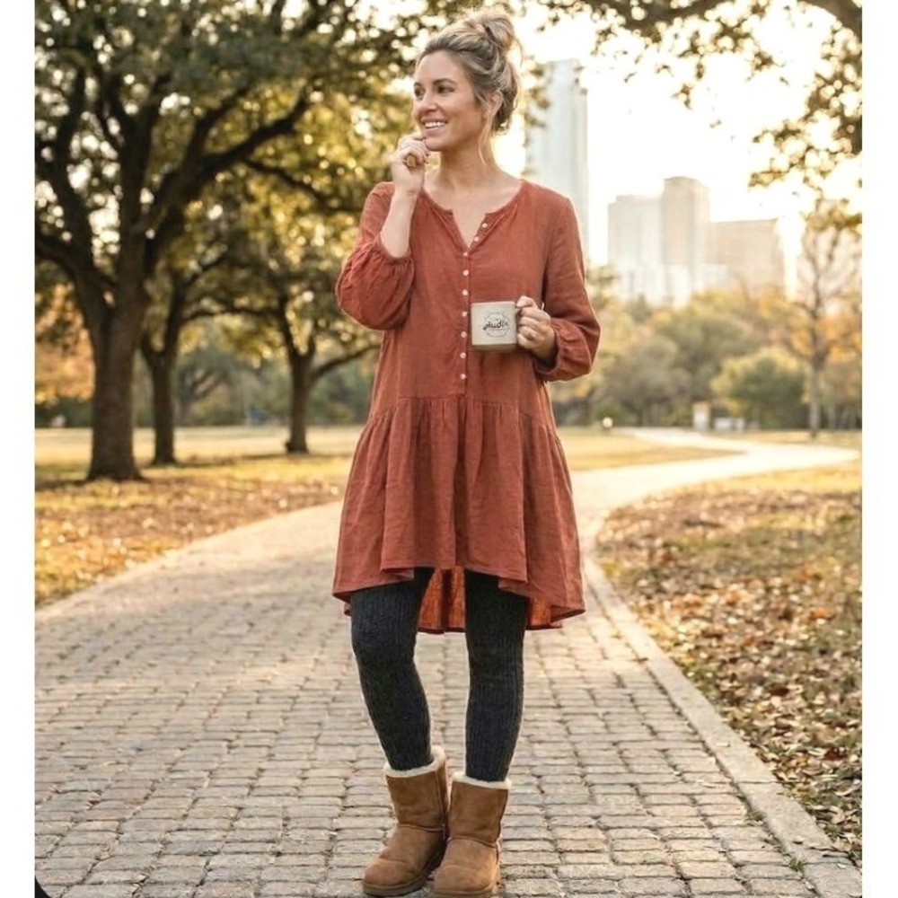 Free People Beach Womens Henley Tunic Dress Rust Terracotta Long Sleeve Large
